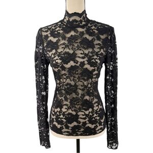 One West New York Black Lace Sheer Long Sleeve Mock Neck Top Size M